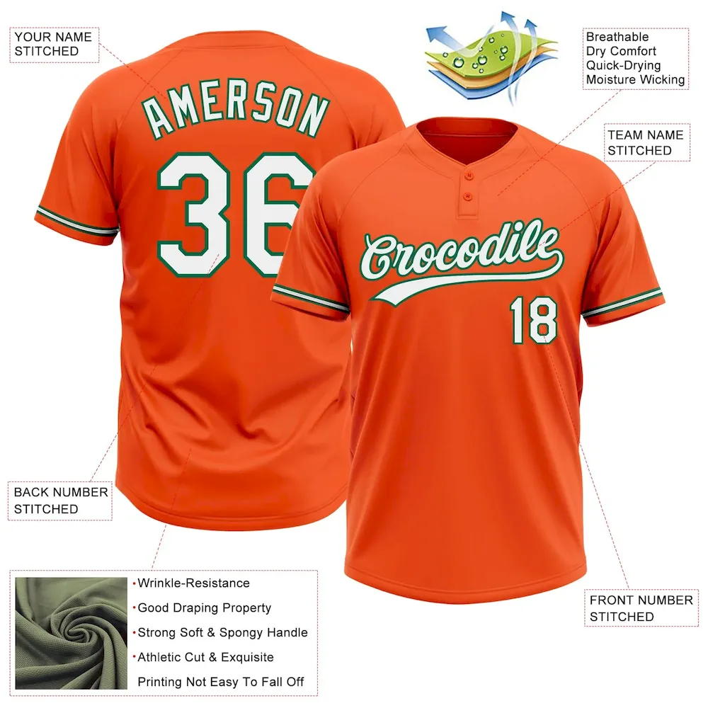 Custom Orange White-Kelly Green Two-Button Unisex Softball Jersey - Image 3