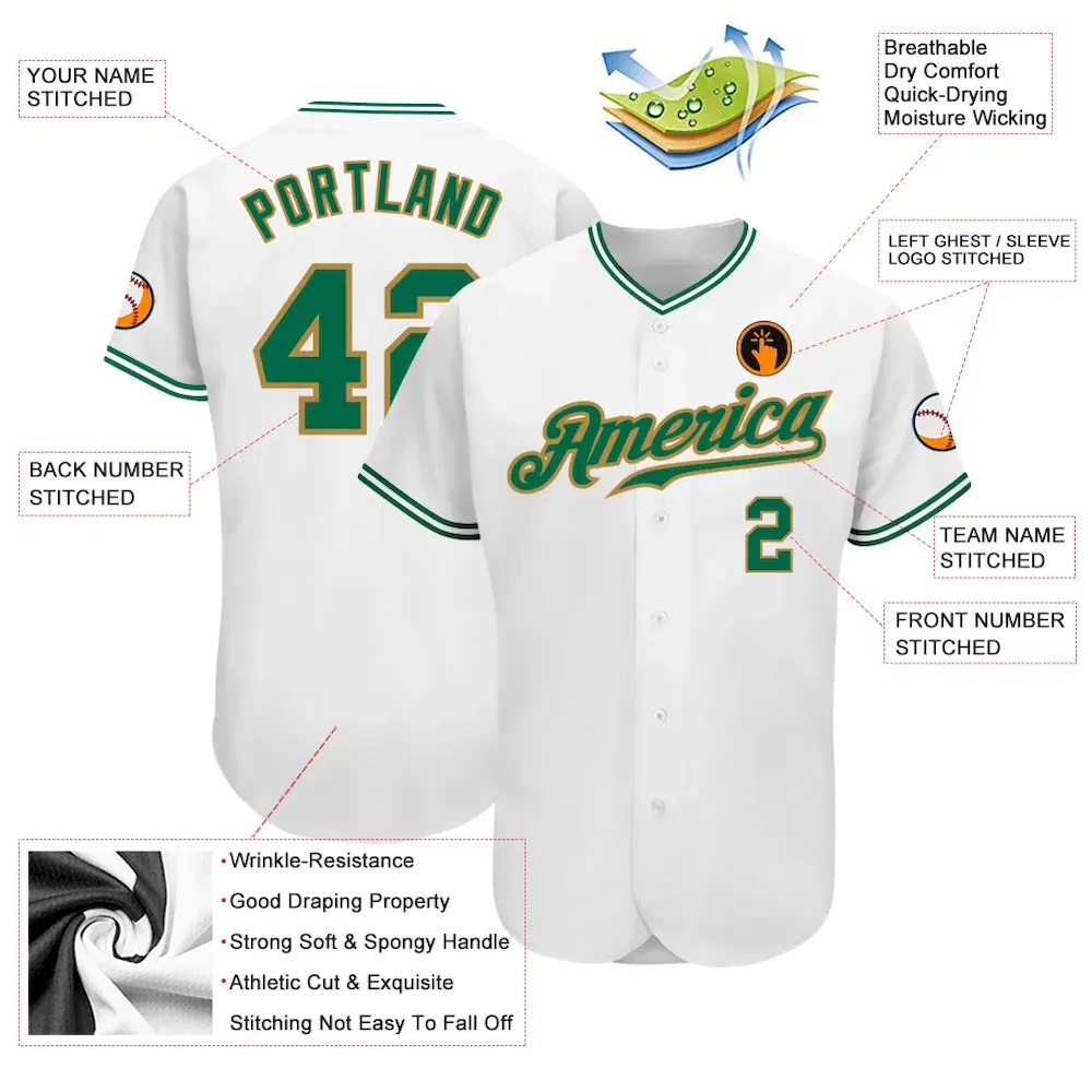 Custom White Kelly Green-Old Gold Authentic Baseball Jersey - Image 3
