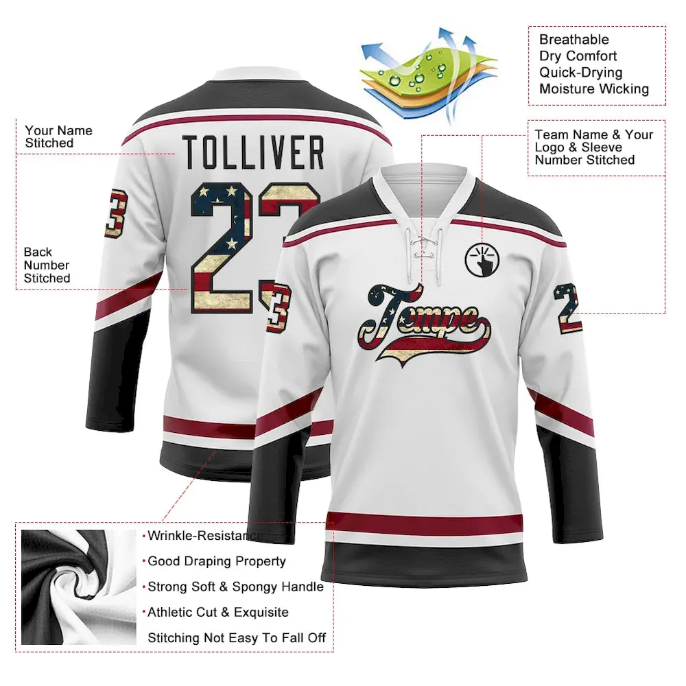 Custom White Vintage USA Flag Black-Maroon Hockey Lace Neck Jersey - Image 3