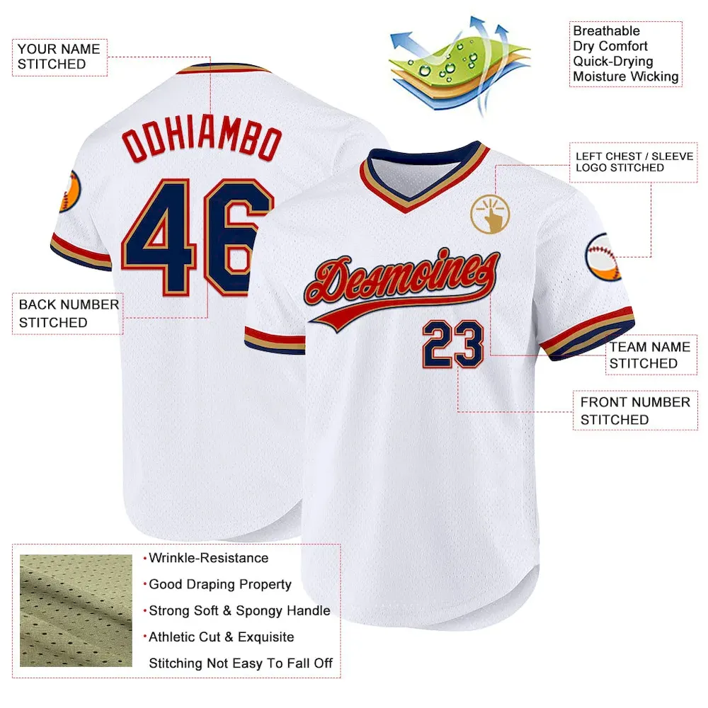 Custom White Navy Old Gold-Red Authentic Throwback Baseball Jersey - Image 3