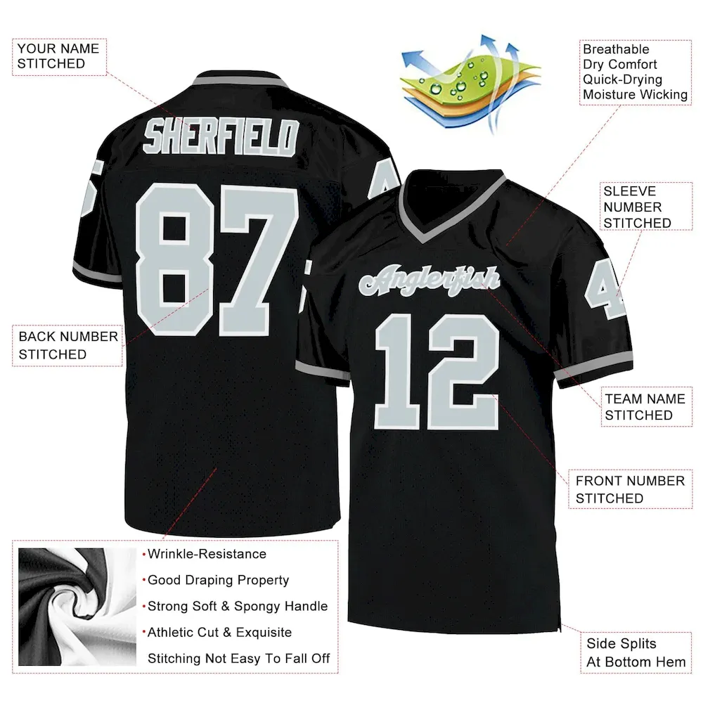 Custom Black Silver-White Mesh Authentic Throwback Football Jersey - Image 4