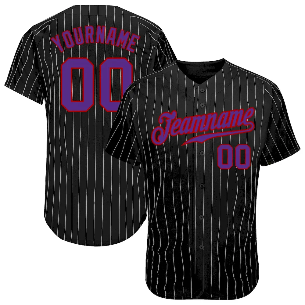 Custom Black Gray Pinstripe Purple-Red Authentic Baseball Jersey