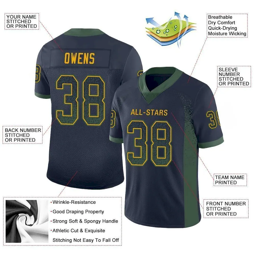 Custom Navy Green-Gold Mesh Drift Fashion Football Jersey - Image 3