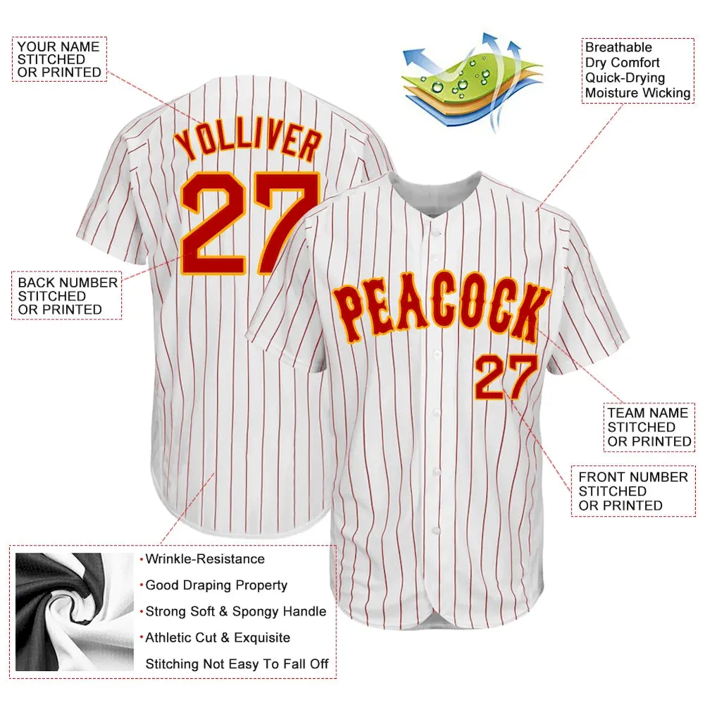 Custom White Red Pinstripe Red-Gold Authentic Baseball Jersey - Image 3